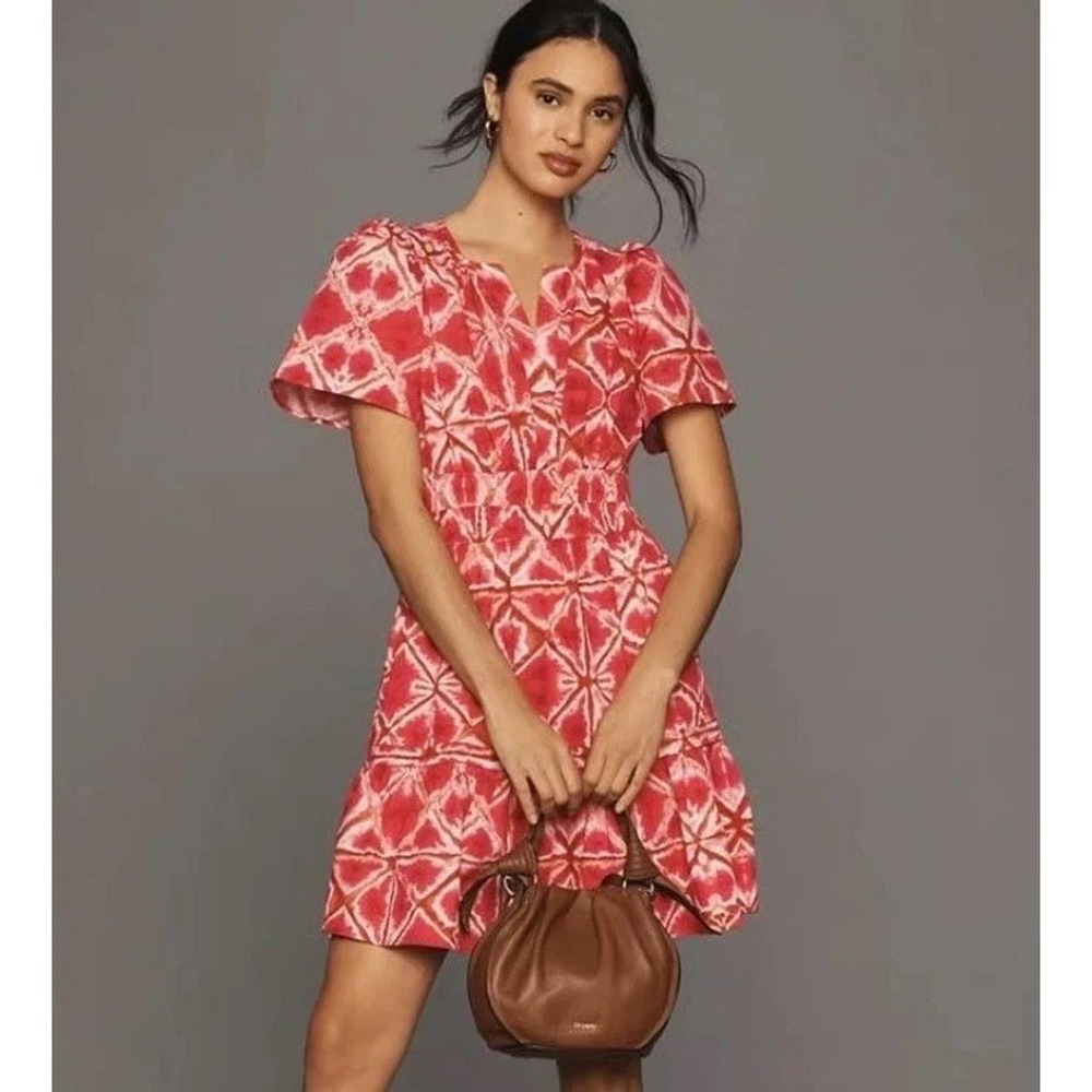 Anthropologie Somerset Mini Dress Pink Tie Dye Smocked Waist Cotton XS New